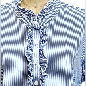 VINTAGE ruffle poets blouse button‎ down shirt ticking nautical vertical stripe
